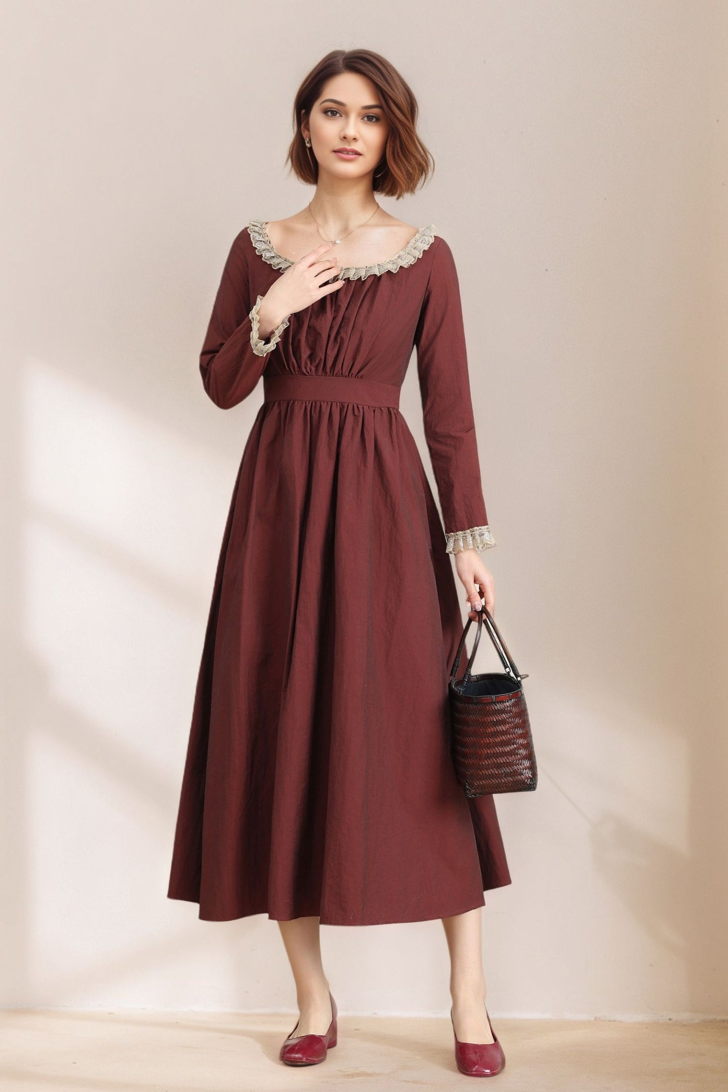 Women's Burgundy Princess linen dress C5331