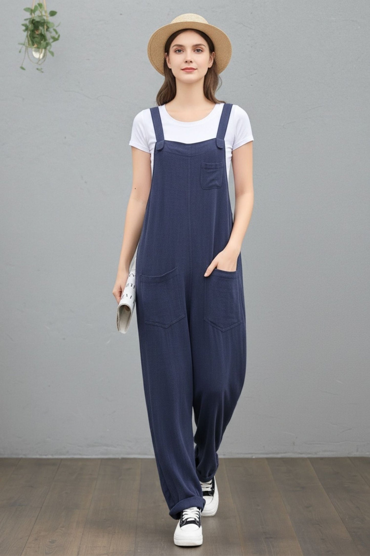 Navy Linen Cotton Overalls: Loose Fit Women’s Summer Jumpsuit, Ylistyle C5408