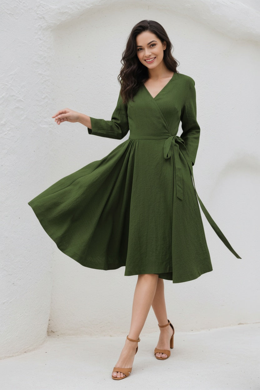 V-Neck Swing Midi linen dress with Waist Tie C5393