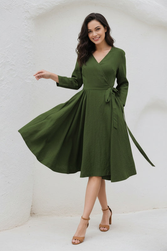 V-Neck Swing Midi linen dress with Waist Tie C5393