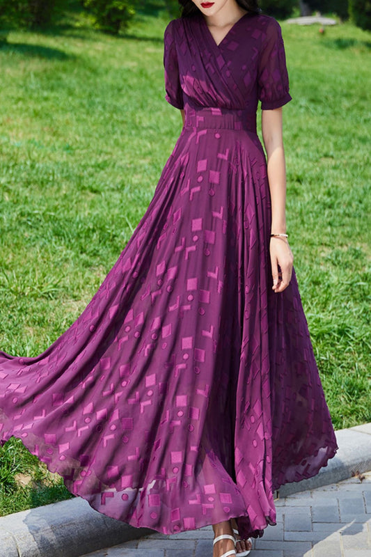 Summer purple chiffon floral dress C4111