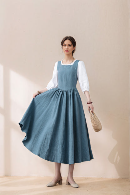 Handmade Pleated Swing Midi Linen Dress C5388