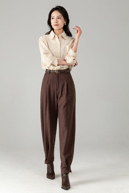 Brown Wool Tapered Trousers: Women’s Vintage-inspired Lantern Pants C5340