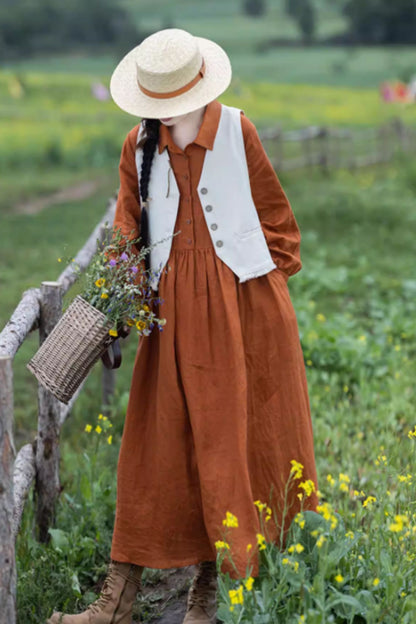 Orange long sleeves spring linen shirt dress women C5422