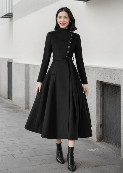 Winter Black button Long Wrap Wool Coat Women C4408