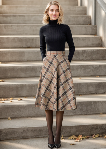 1950s Inspired Midi Wool Plaid Skirt C4356
