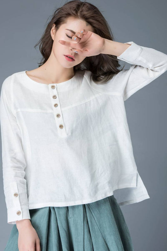 White linen causal womens long sleeves blouse C834