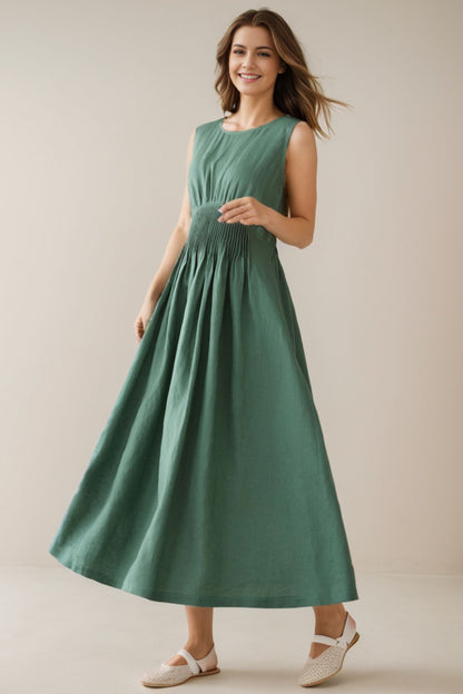 sleeveless Green maxi linen dress C4138