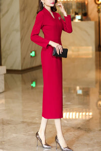 Women's Red Long Sleeves wool Dress C4171