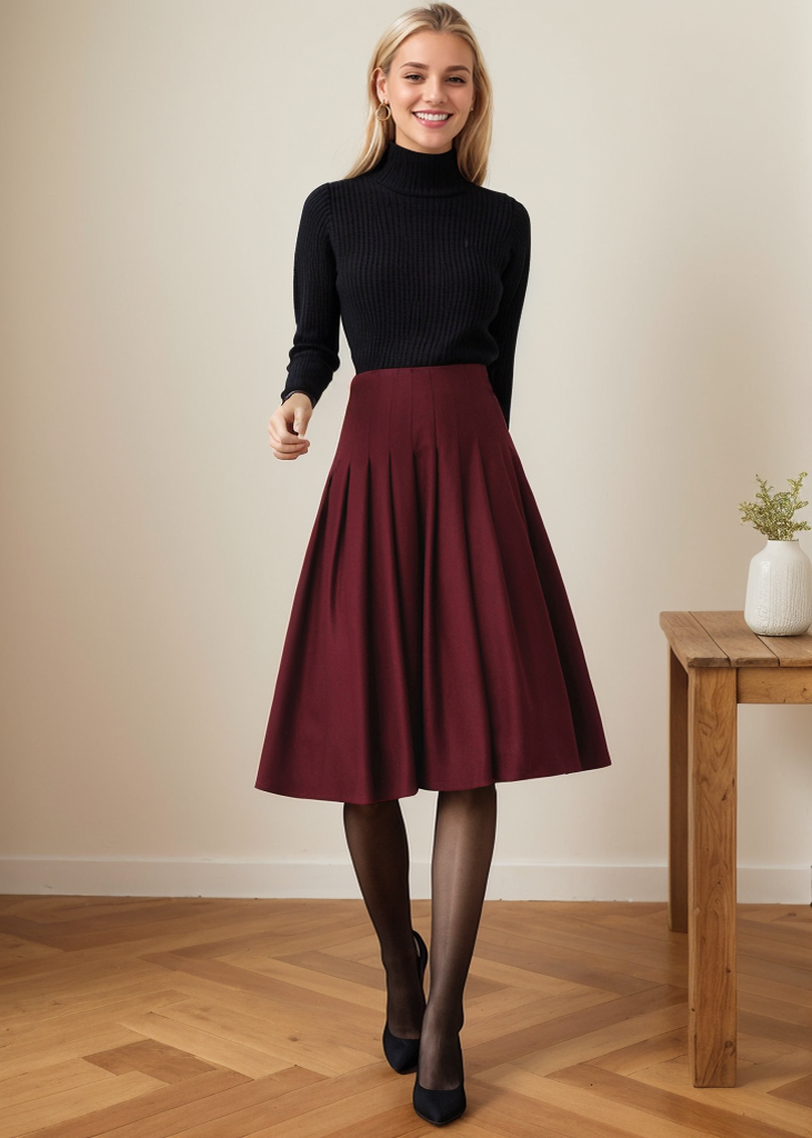 Pleated Red Midi Wool Custom Skirt C4363