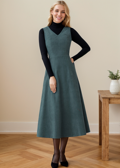 Green Sleeveless A-Line Corduroy dress C4361