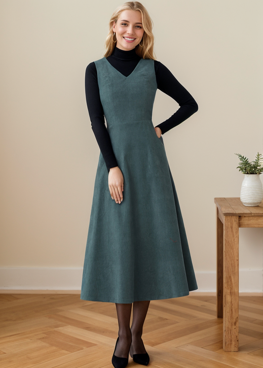 Green Sleeveless A-Line Corduroy dress C4361