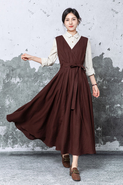 Brown Linen Maxi Dress - Sleeveless V-Neck with Tie Waist c5478