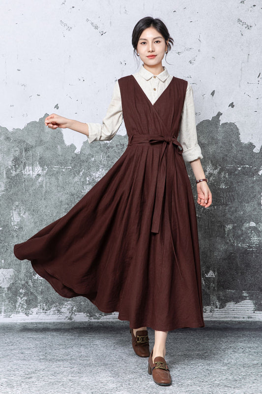 Brown Pinafore Maxi Dress: Sleeveless V-Neck Linen Dress with Tie Waist, Ylistyle C5478