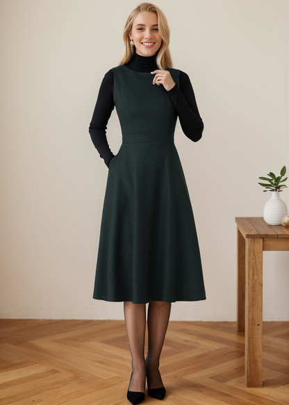 Swing Sleeveless Midi Pinafore Wool Dress C4360
