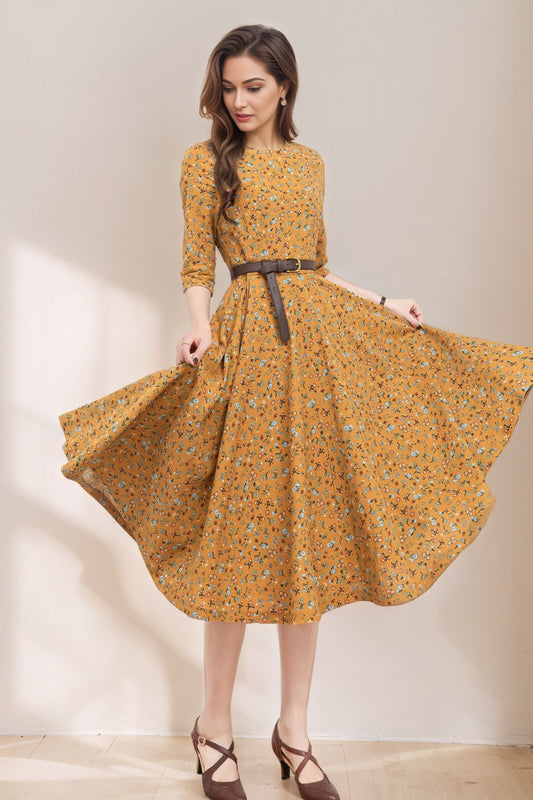 Floral swing linen dress women C5367
