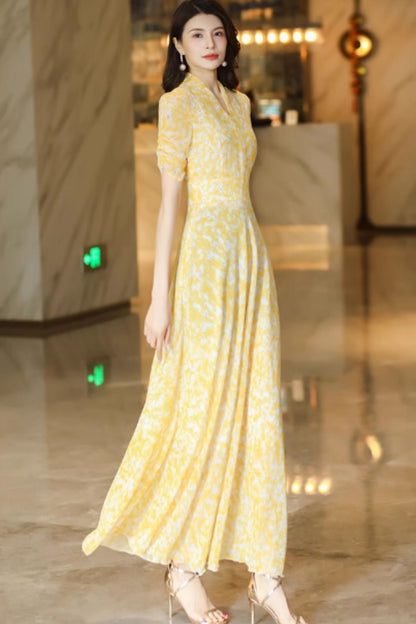 Yellow flower printed maxi chiffon dress C4927