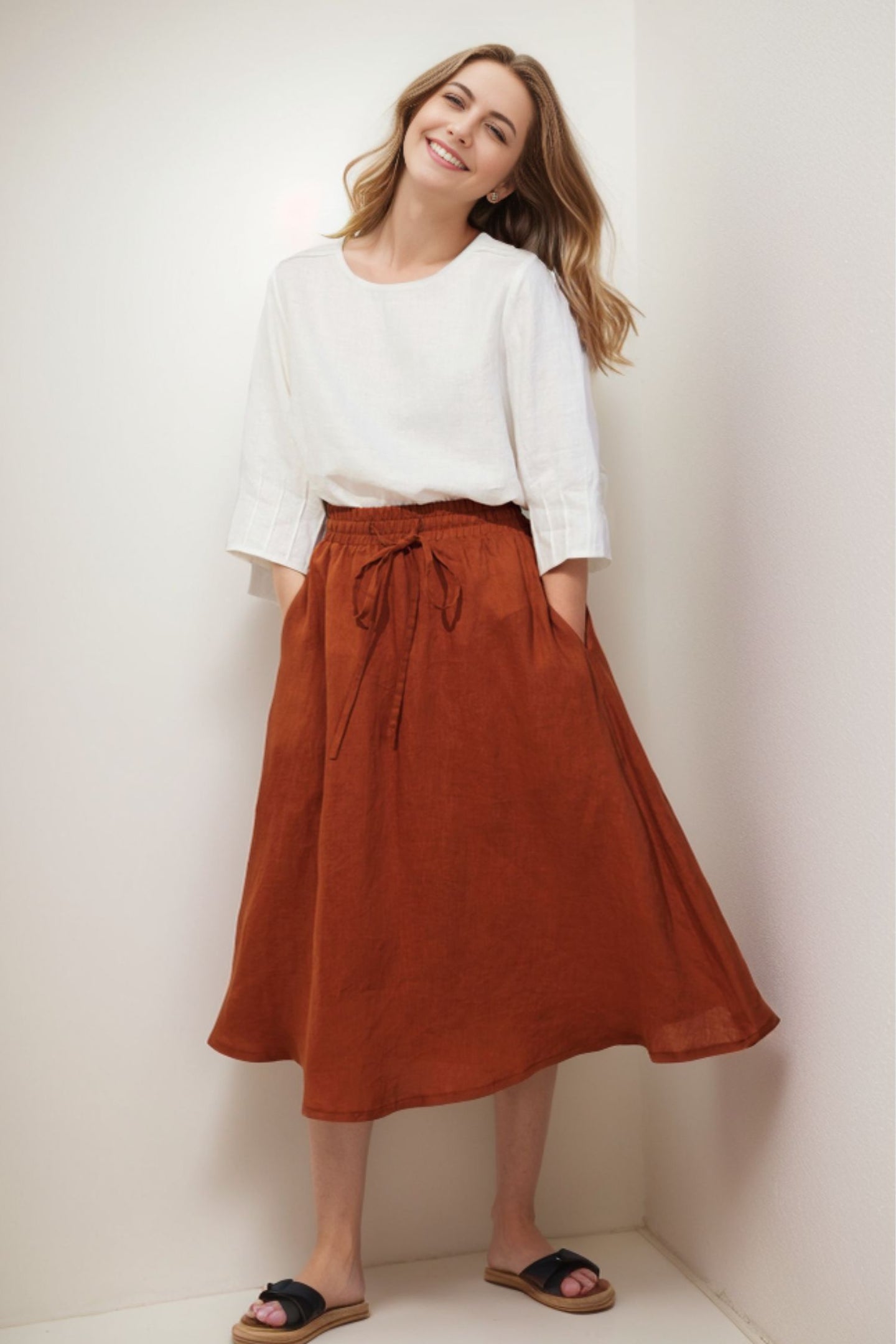 Elegant Orange Elastic Waist Skirt  C4135