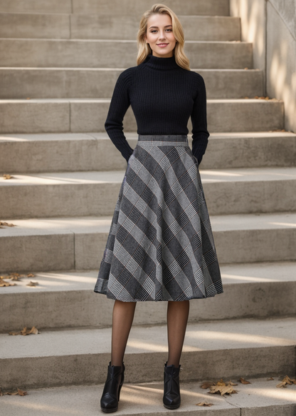 Women A-Line Midi Plaid High Waist Skirt  C4354