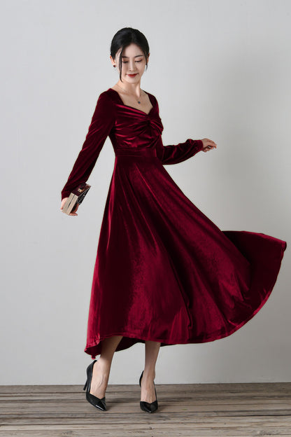 Elegant Burgundy Velvet Long Dress C4699