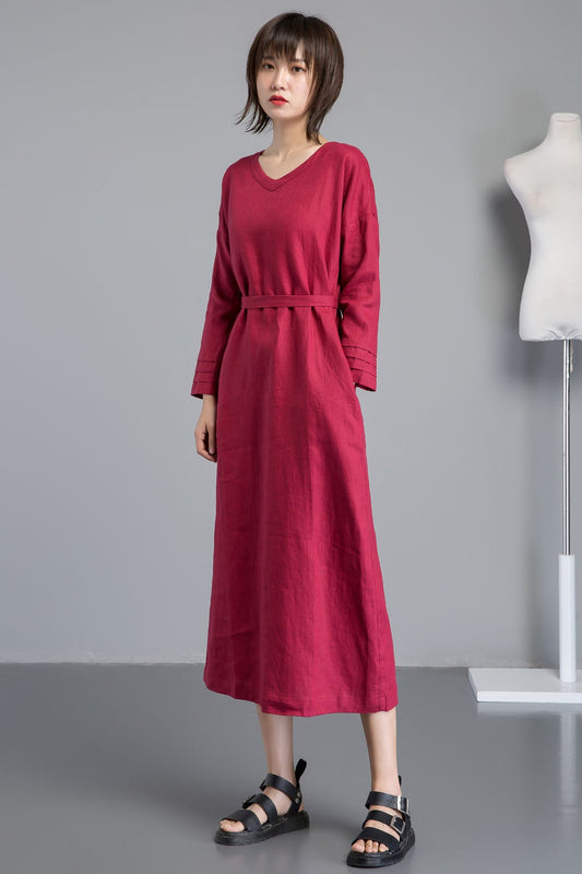 red linen long sleeve V neck dress with split hem C1267