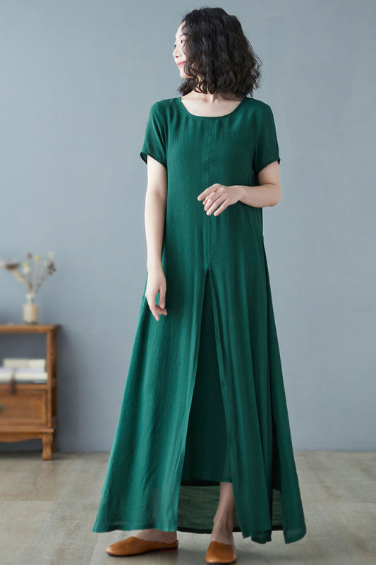 Green Plus size Cotton Linen Maxi dress C2729