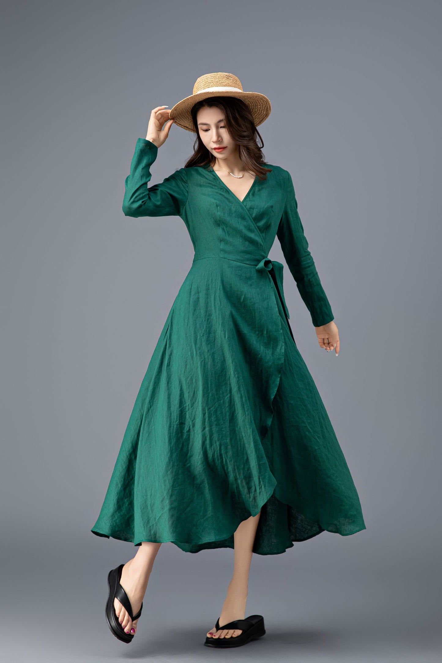 Women's Green Long Sleeves Linen Dress C3914