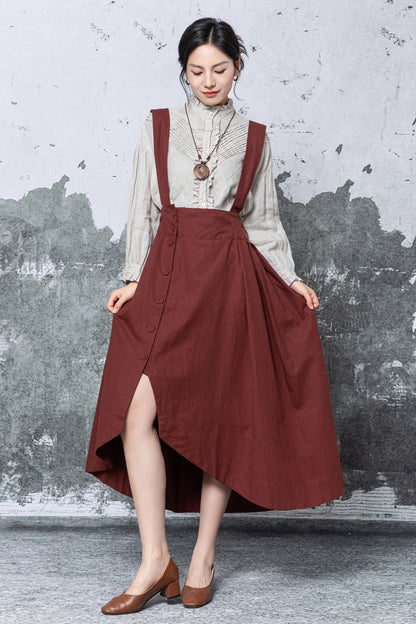 Rust Linen Midi Pinafore Dress - Asymmetric Hem with Pockets c5464