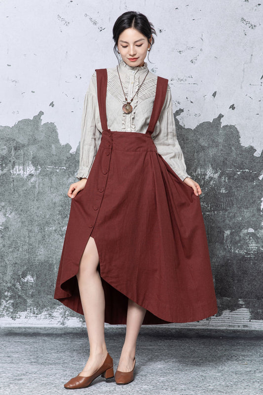 Rust Linen Pinafore Dress: Asymmetric Hem Apron Dress with Pockets, Ylistyle C5464