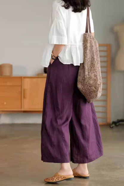 Loose fitting wide leg linen pants women C4439