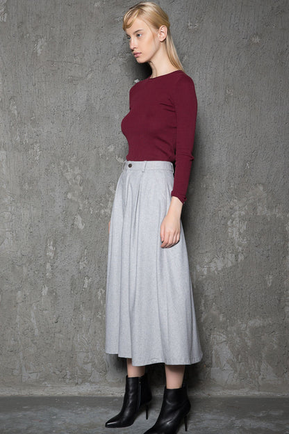 Gray pleated winter wool skirt women C737