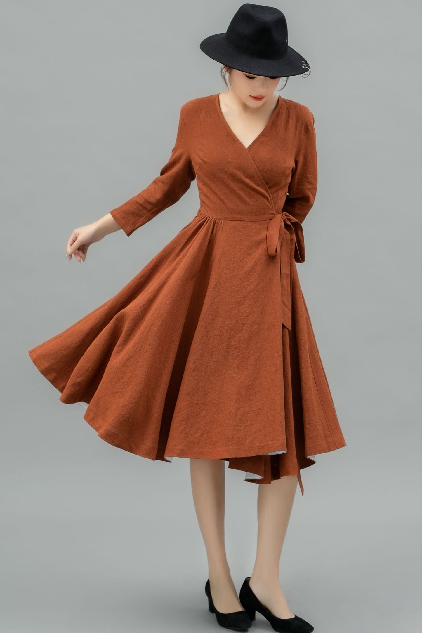 V-Neck Swing Midi linen dress with Waist Tie C4741