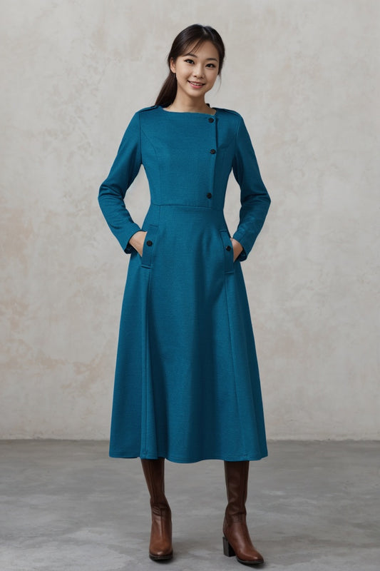 Blue wool dress with pockets warm handmade dress C1612