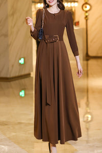 Brown long-sleeved round neck long dress C4180