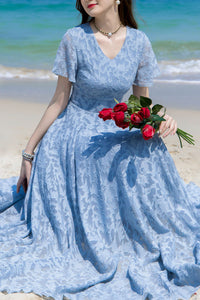 Summer blue chiffon floral dress C4112