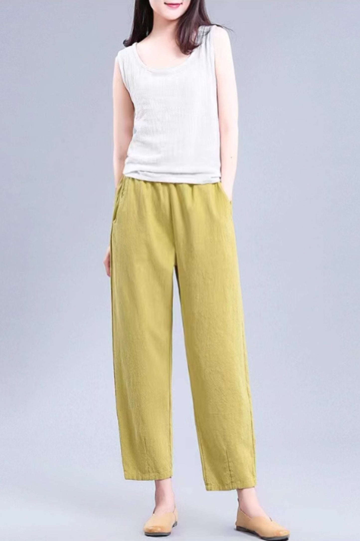 Elastic waist loose fitting linen pants C4434