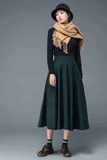 Green winter long wool skirt for women C1197
