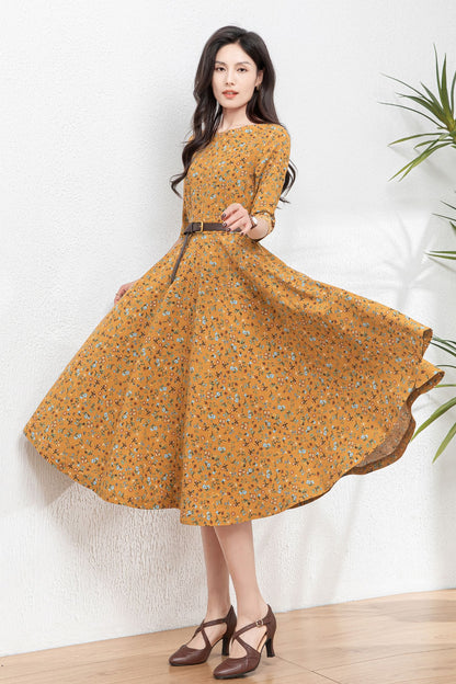 Floral swing linen dress women C4768