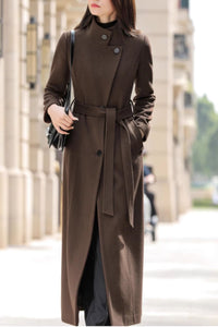 Tie belt long trench wool coat women C4603