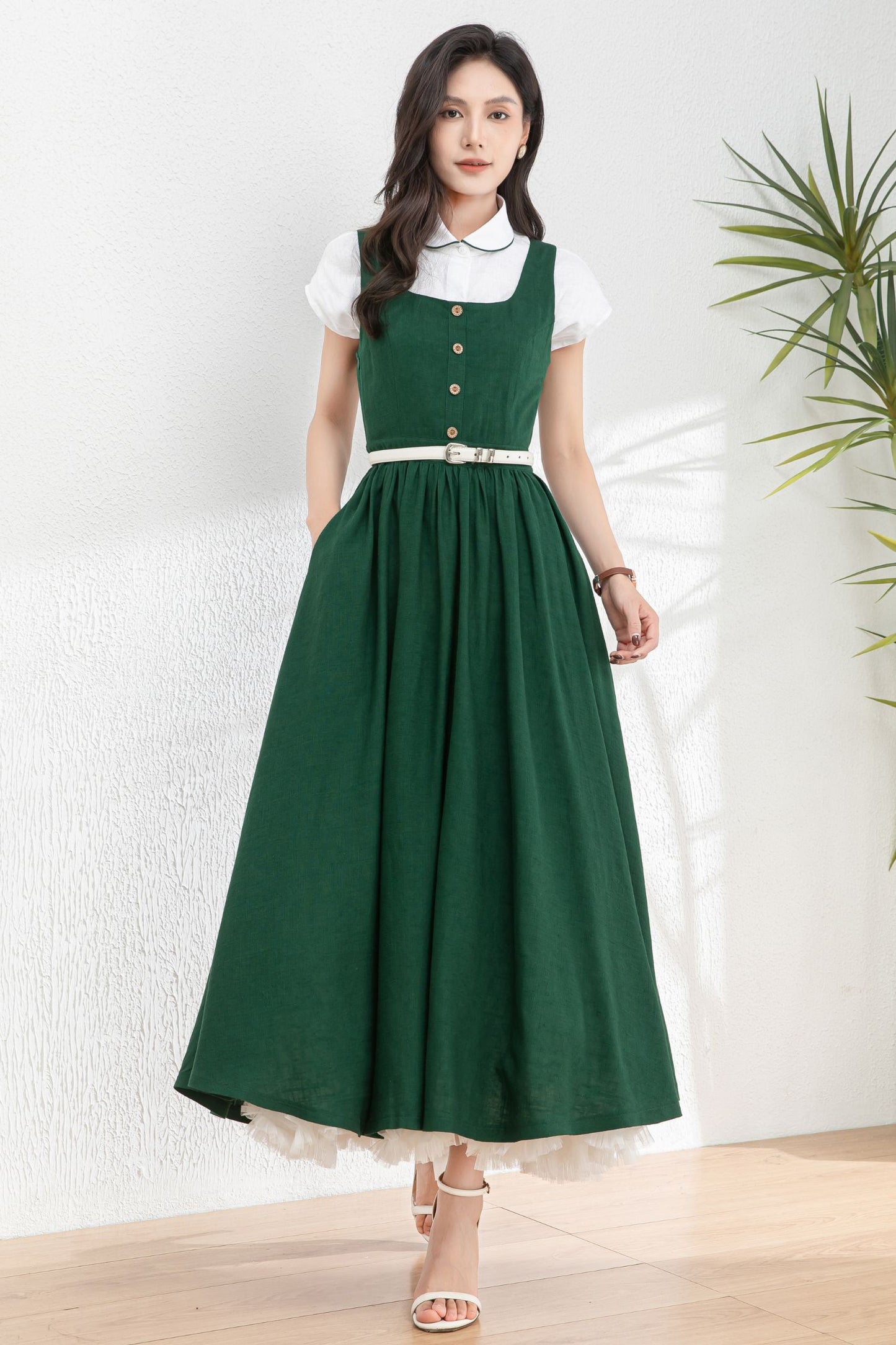 Summer Green Linen Pinafore Dress c4983
