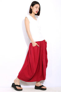 elastic waist red linen maxi skirt C329