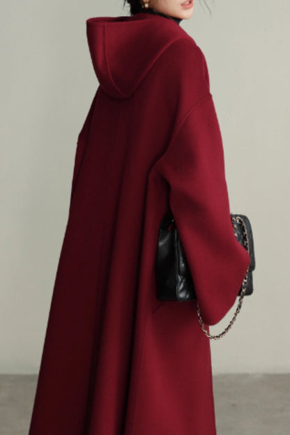 Burgundy hooded loose fitting wool coat C5355