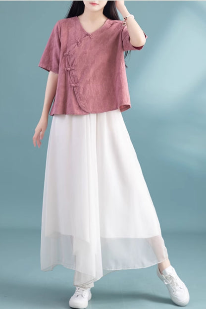 Loose fitting asymmetrical linen summer blouse C5050