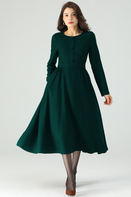 Dark Green Midi Wool Dress C4528
