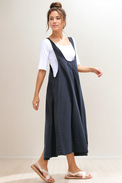 Black Pinafore Loose-Fitting Linen Dress C4005