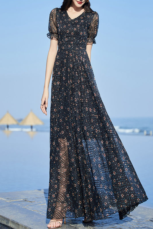 Black floral chiffon V-neck dress C4084