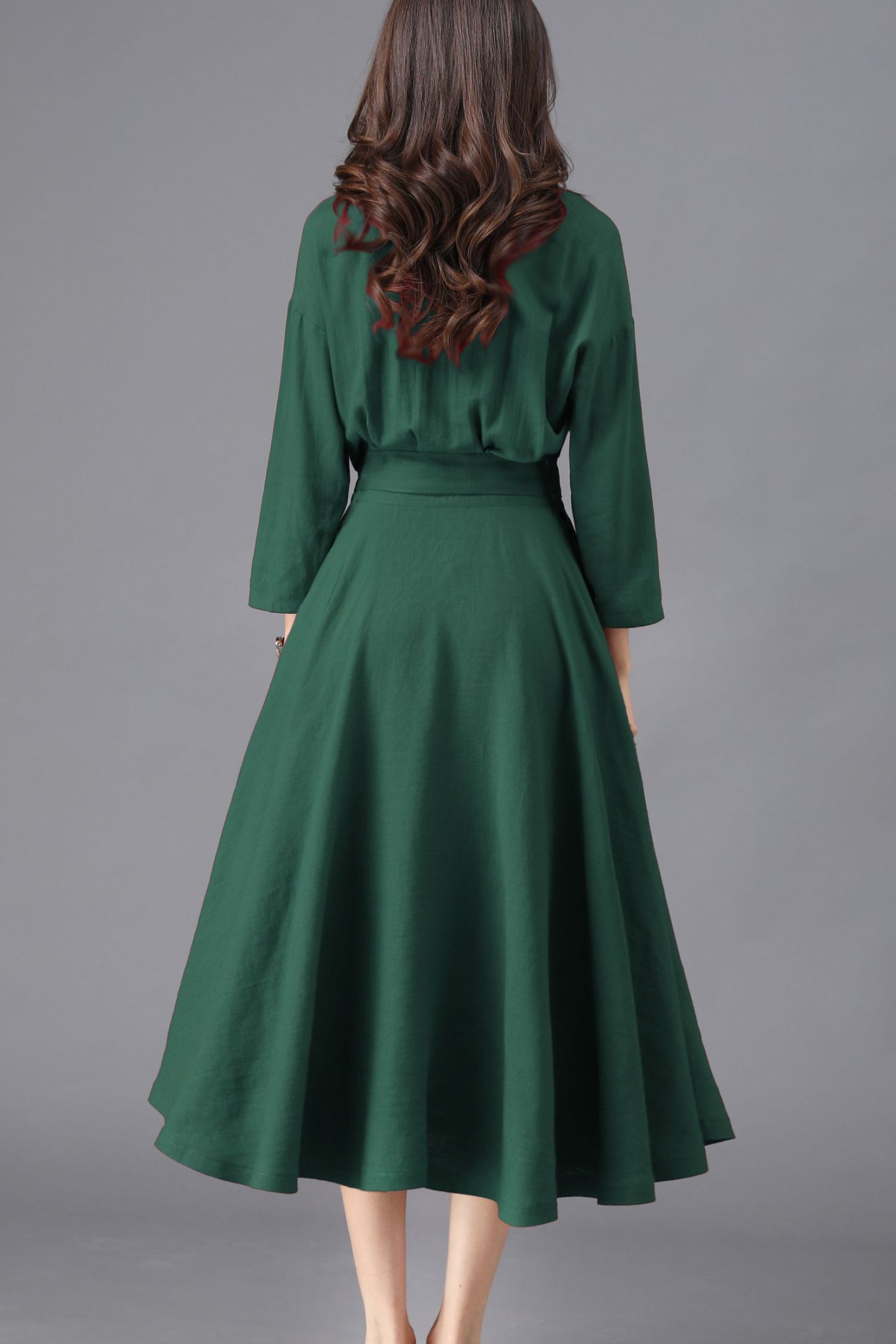 Dark Green Cotton Linen Midi Dress - Relaxed Fit with Belted Waist c5453
