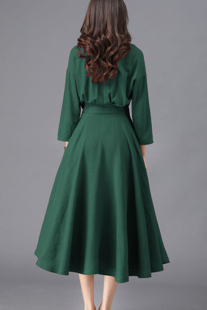 Dark Green Cotton Linen Midi Dress - Relaxed Fit with Belted Waist c5453