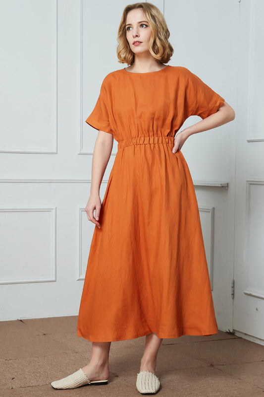 orange linen womens causal elastic waist dress C1416