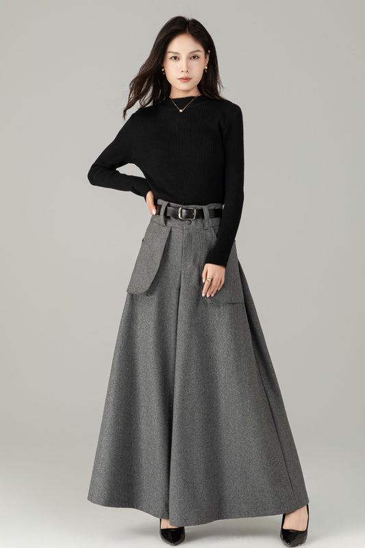 High-Waist Wide-Leg Wool Trousers — Palazzo Wool Pants C5245